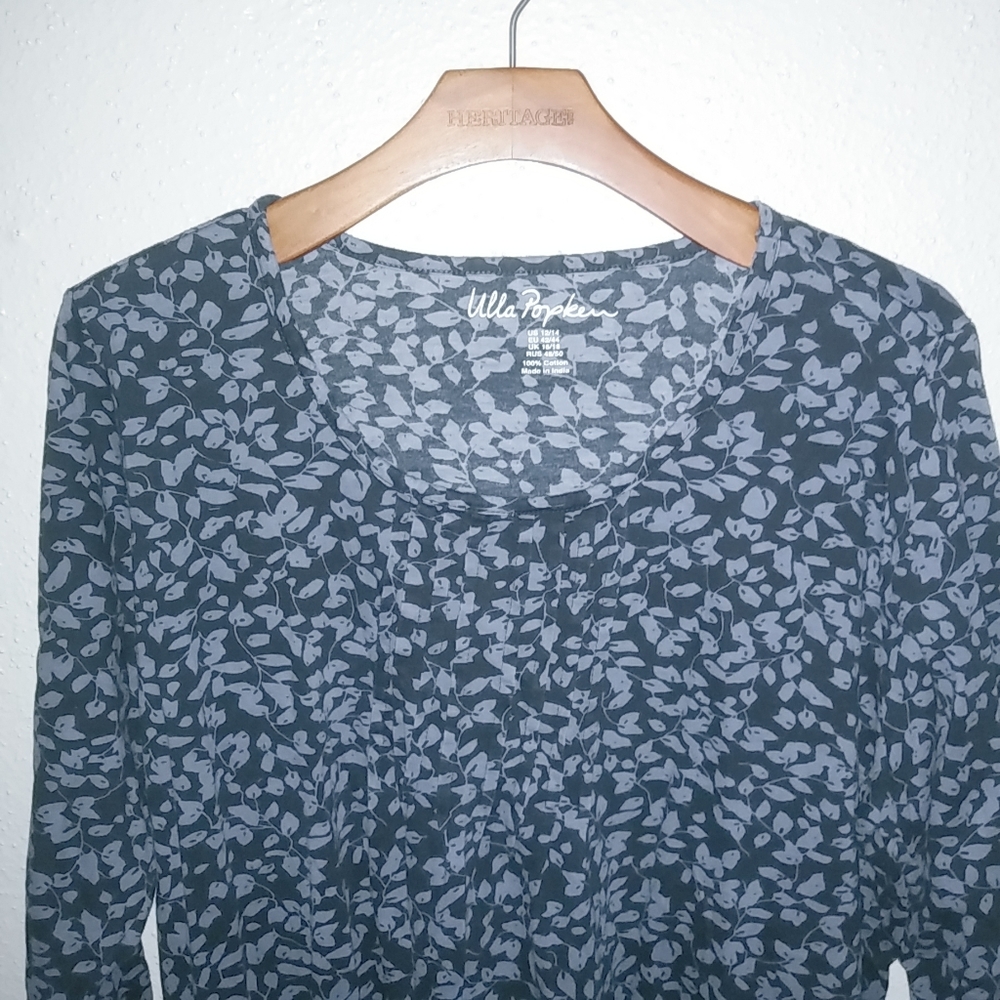 Ulla Popken L Long Sleeved Smocked Navy Leaf Tunic Top - Picture 2 of 8